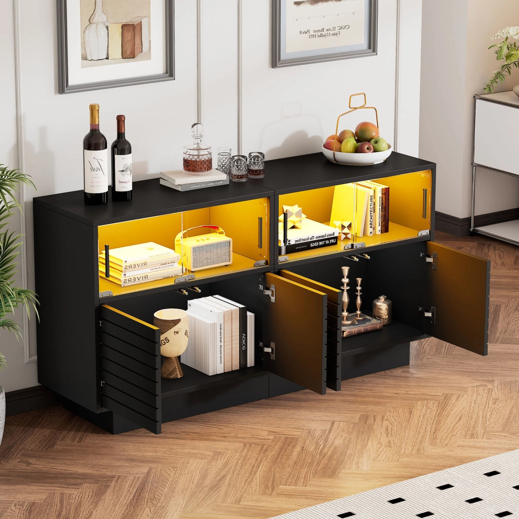 Credenza con 4 Ante Scorrevoli in Vetro e LED; Stile Industriale Moderno; in Pannello Truciolare; 130??35??68 cm; Nero