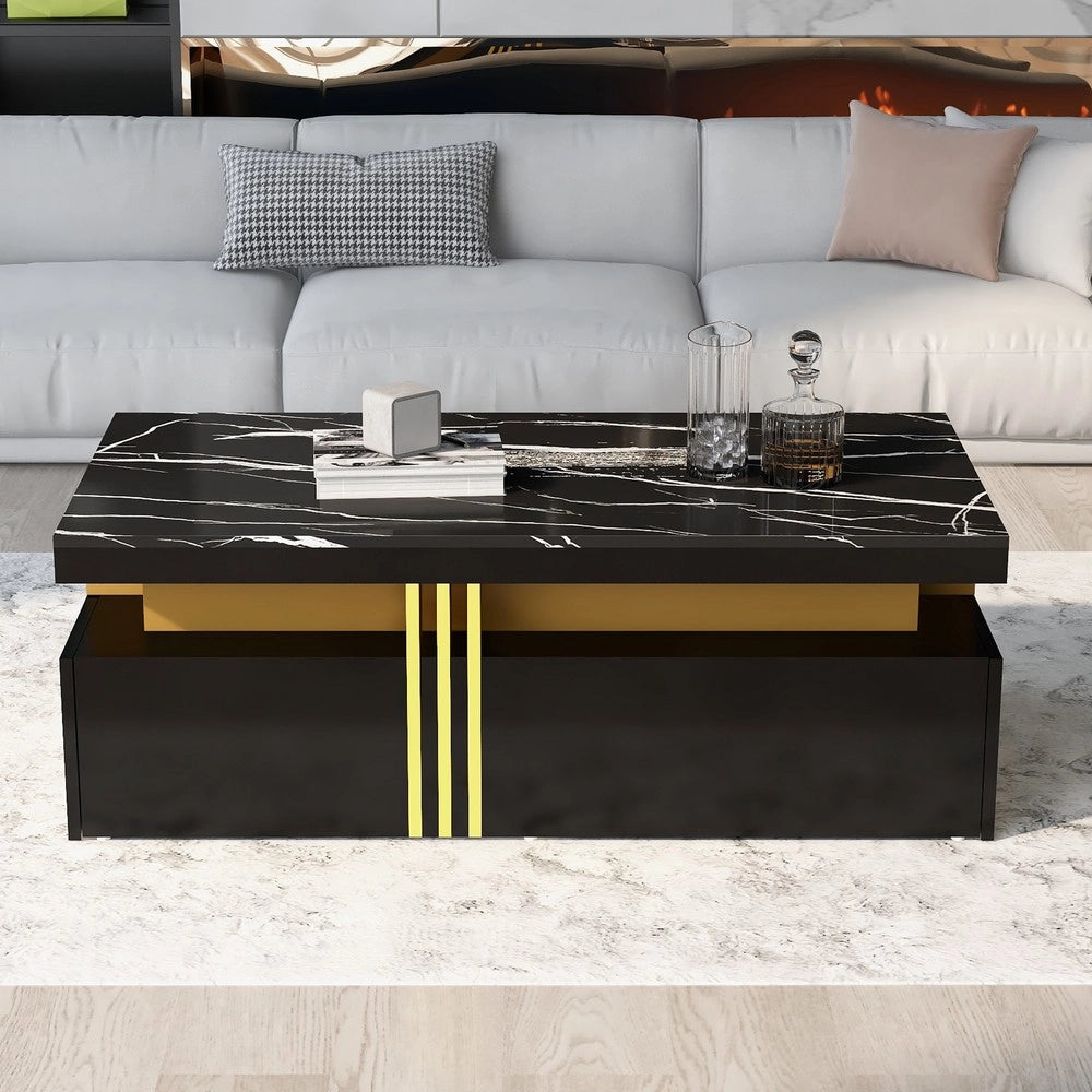 Tavolino da Caff¨¨ Rettangolare ¨C MINIMAL ¨C Piano Effetto Marmo, Cassetti, Legno Lucido, 100x50x40