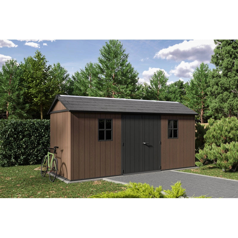 Casetta da giardino in resina EVOTECH+ 476x230 cm - con pavimento e doppia porta - carico neve 150 kg/m² – Newton Plus 7515/1575 - Marrone - Keter