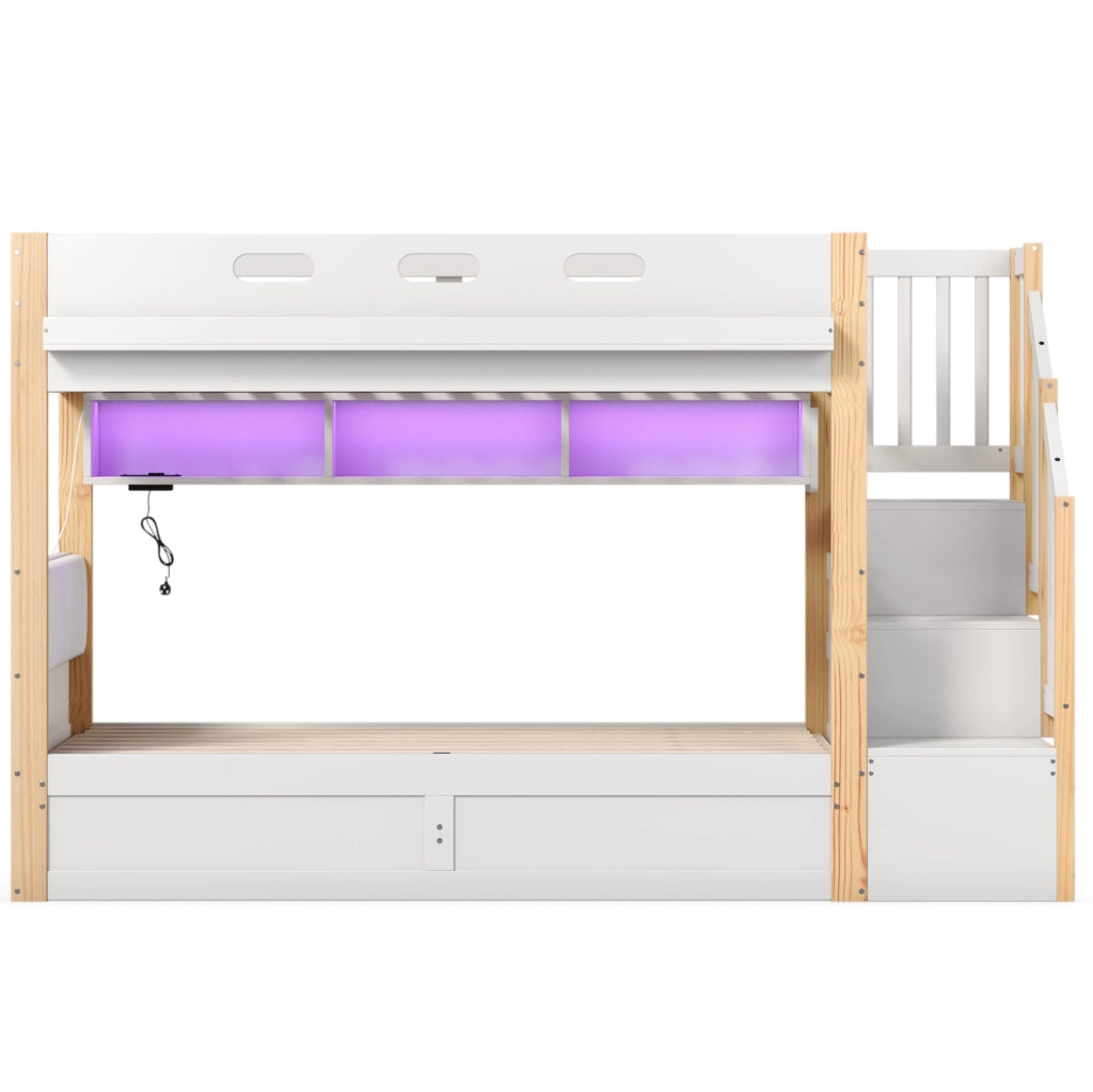 Letto a castello con contenitore idraulico, scala contenitiva e LED
