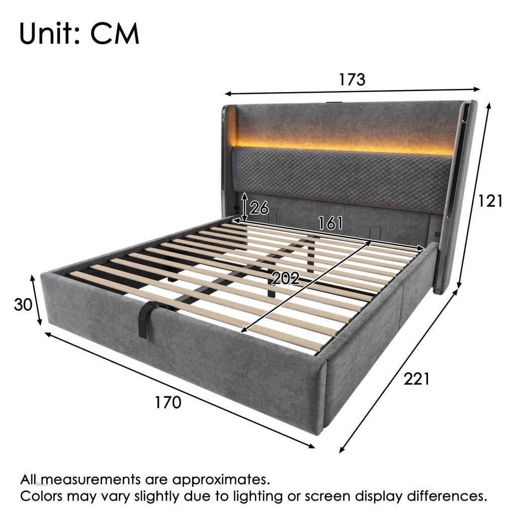 Letto matrimoniale 160x200 cm con testiera alta; LED; contenitore e porte USB Type-C; grigio
