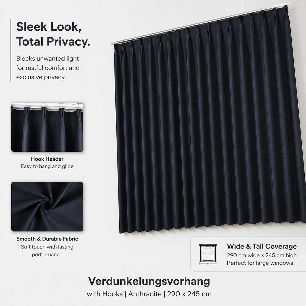 Blackout Curtain With Hooks, Anthracite, 290 X 245 Cm