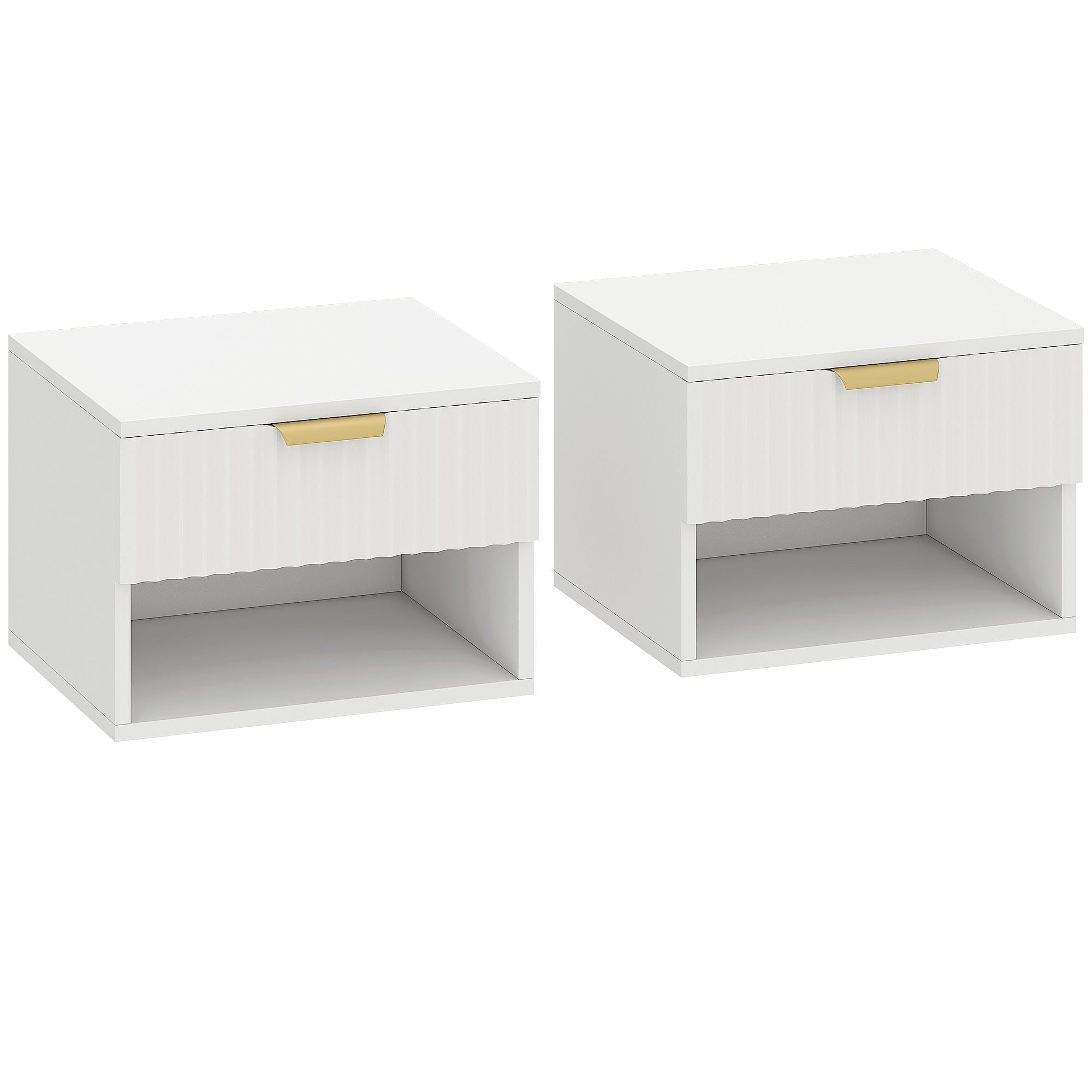 Set di 2 Comodini Sospesi 40x34x29 cm con Pannelli Scanalati Cassetto e Ripiano Bianco
