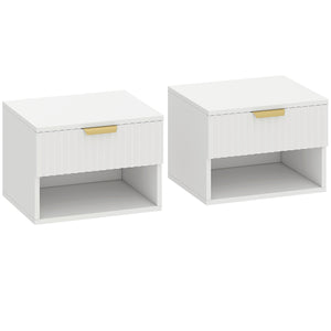 Set di 2 Comodini Sospesi 40x34x29 cm con Pannelli Scanalati Cassetto e Ripiano Bianco