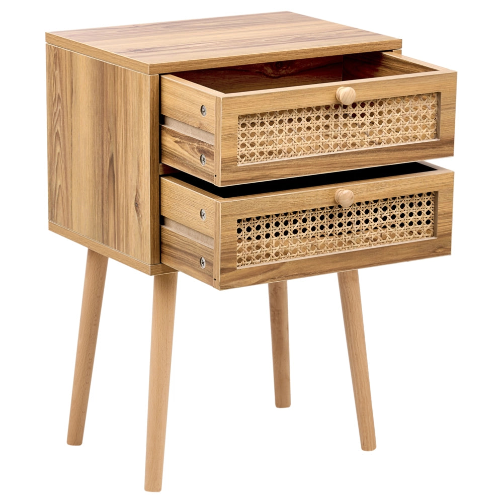 Comodino in rattan impiallacciato MDF stile boho treccia viennese marrone chiaro soggiorno camera da letto