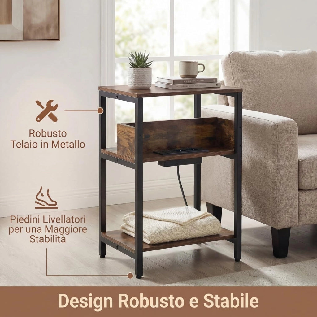 Tavolino Laterale a 3 Livelli con Stazione di Ricarica, Comodino con Presa Elettrica, Porte USB e Ripiani Aperti, Tavolino Stretto 40 x 30 x 61 cm, Tavolino da Salotto e Camera da Letto