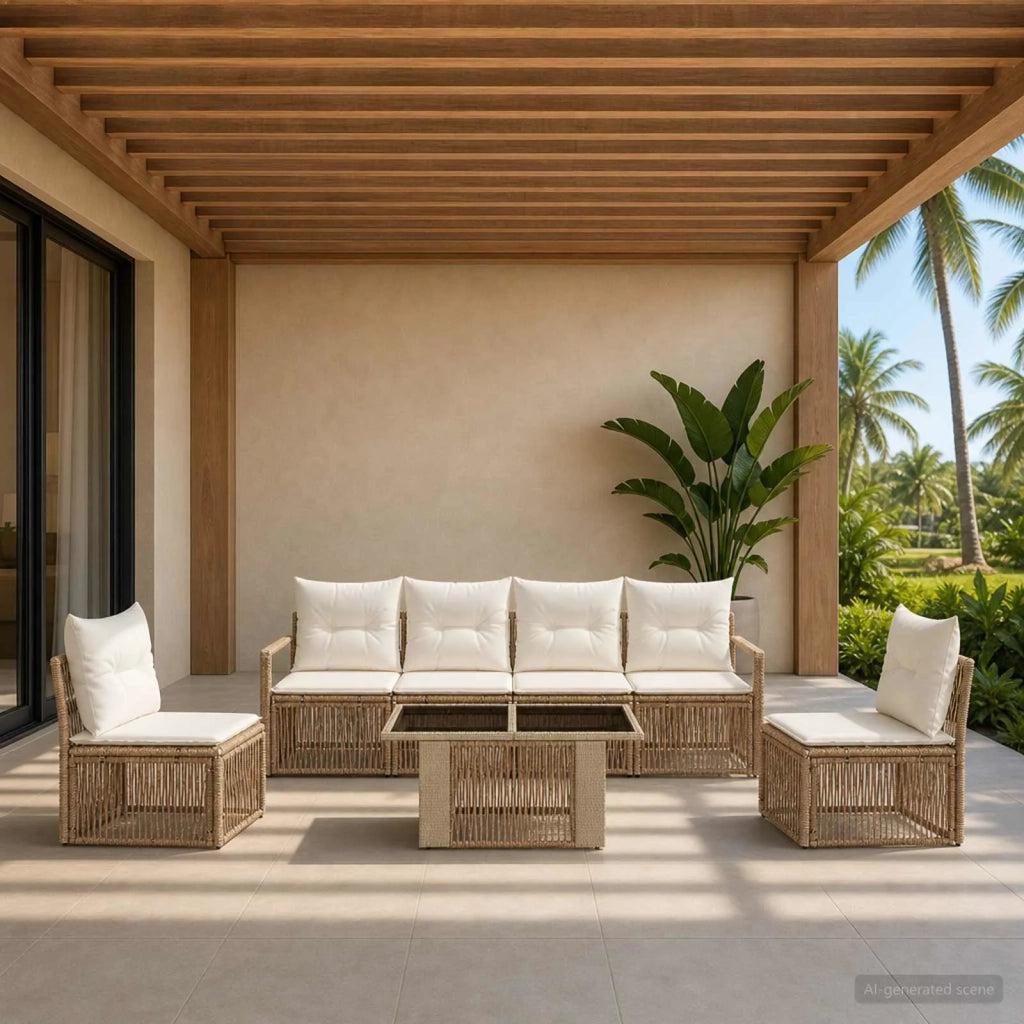 Set Divano da Giardino 7 pz Beige e Bianco Crema polyrattan 3437079