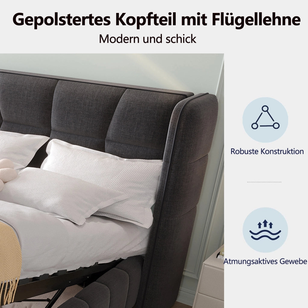 Letto per bambini 90 × 200 cm con contenitore a sollevamento, senza materasso, en tessuto, grigio