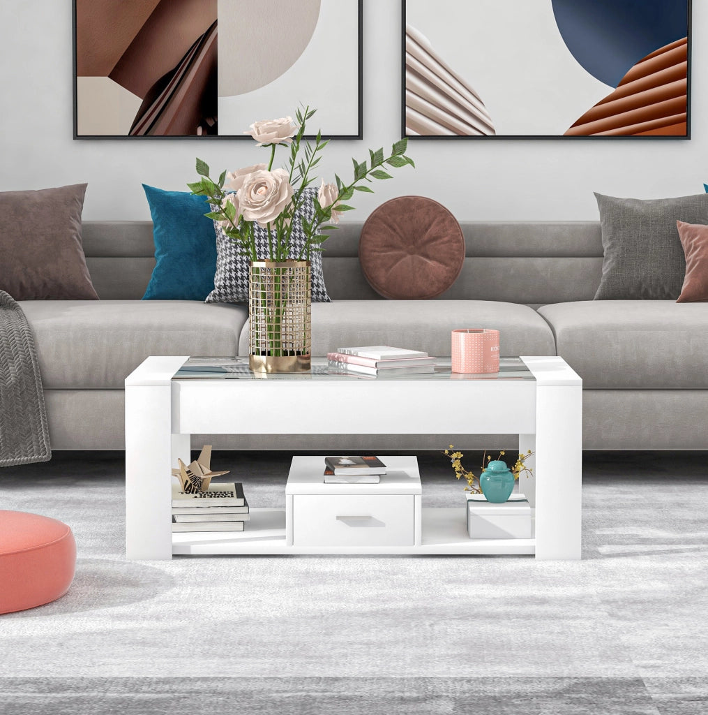 Tavolino da salotto rettangolare con piano in vetro temperato; cassetti e vano contenitore; bianco 100 x 50 x 40 cm