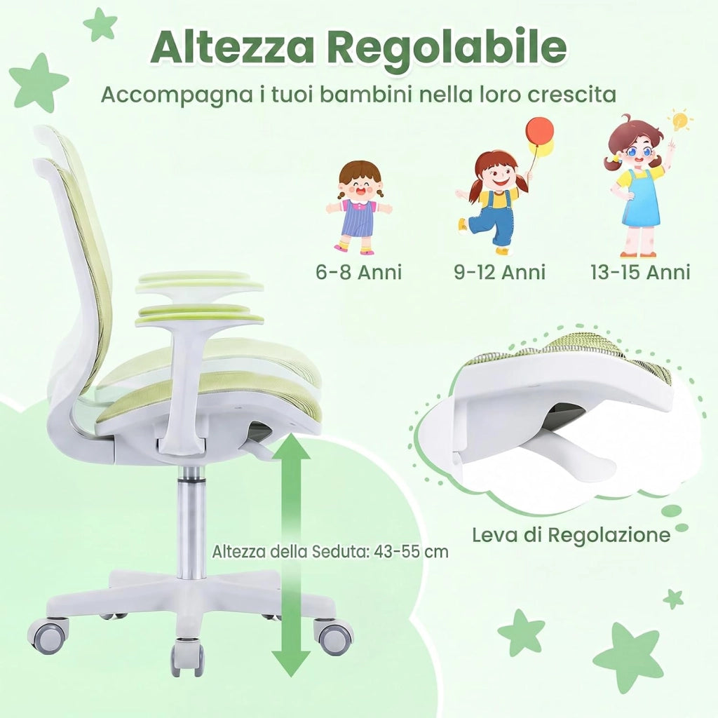 Sedia da Scrivania Girevole per Bambini (Verde,Ruote Ordinarie) | con Altezza Regolabile, 5 Ruote, Braccioli Morbidi, Mobile Ergonomica per Bambini 6-15 Anni
