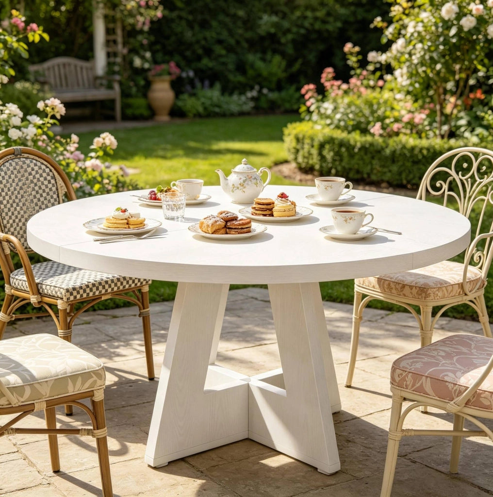 Tavolo da pranzo rotondo 120 cm in legno ingegnerizzato bianco; stile farmhouse