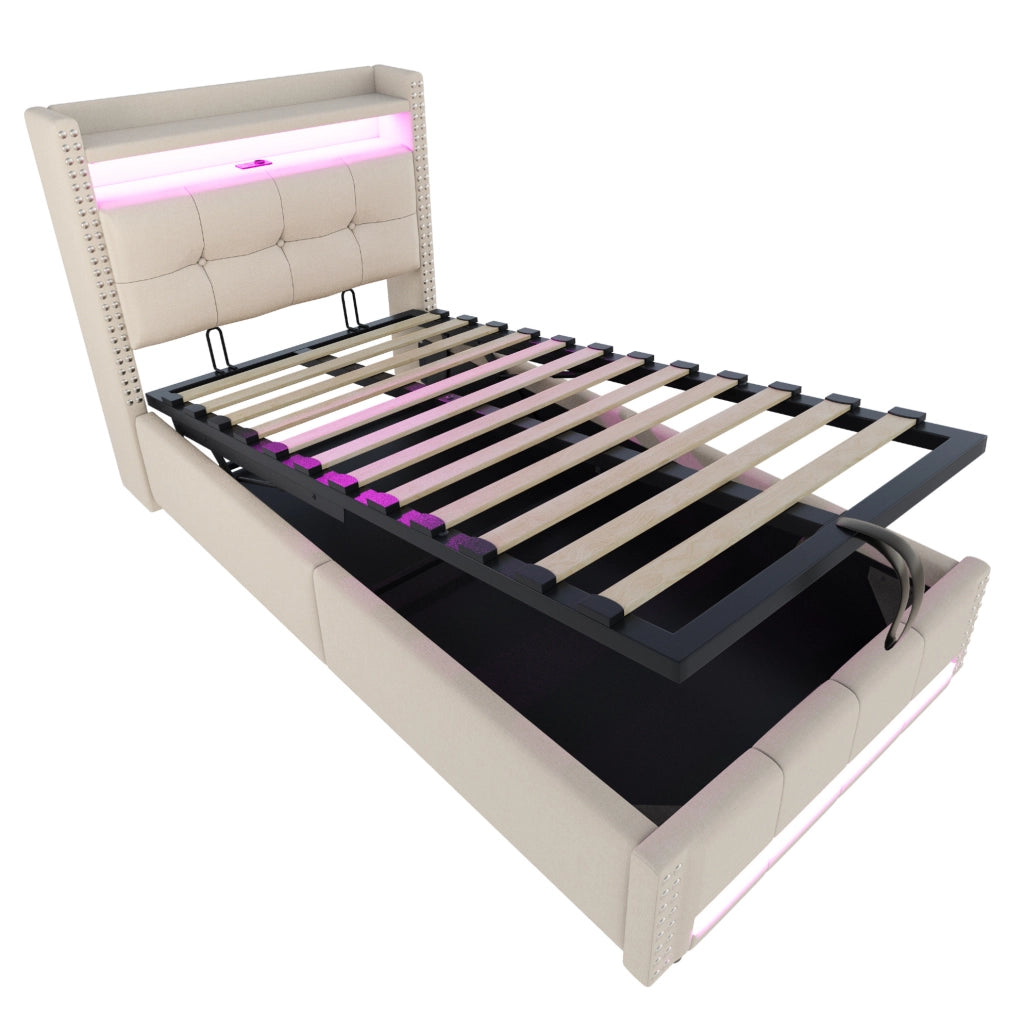 Letto singolo imbottito 90x200 cm con LED, USB e vano contenitore