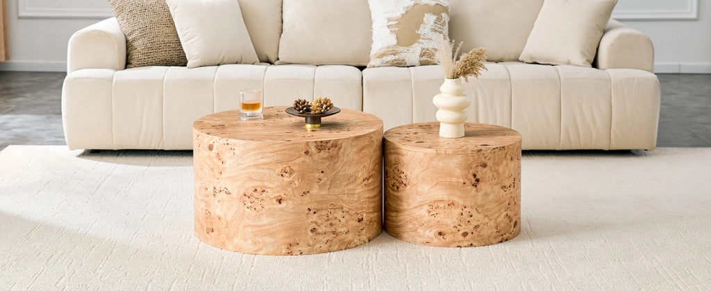 Set di 2 tavolini da caffè rotondi effetto legno con vano contenitore, tavolini nesting in MDF, per soggiorno