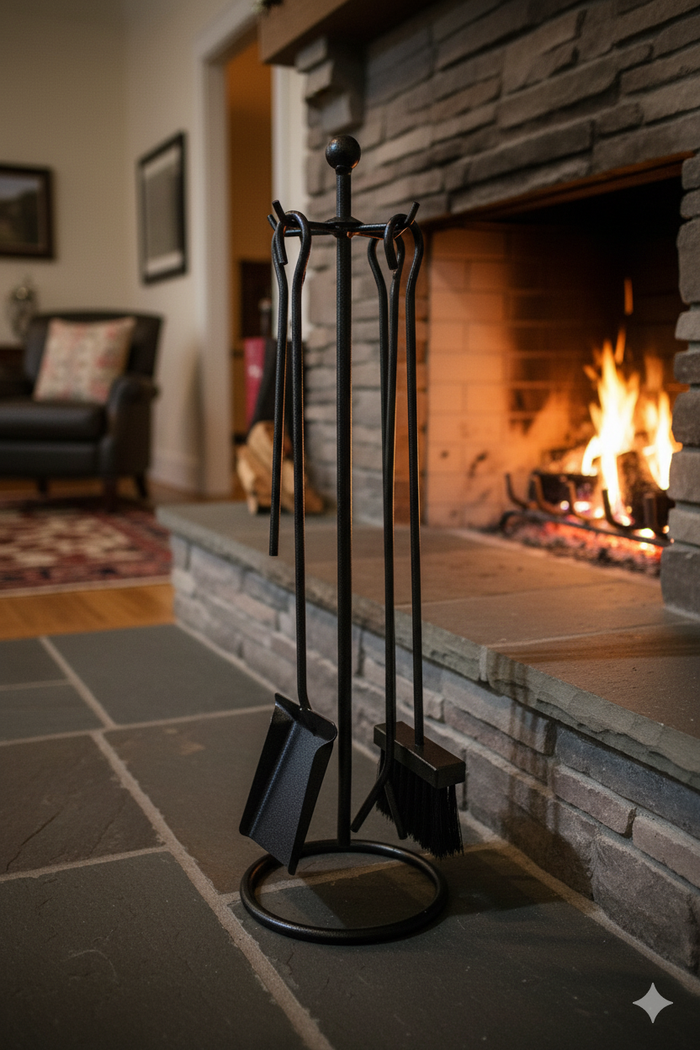 Trespolo per Attrezzi Camino con Pomolo Ø12 con Paletta Scopino Attizzino e Pinza in Ferro Tondo Grigio Martellato
