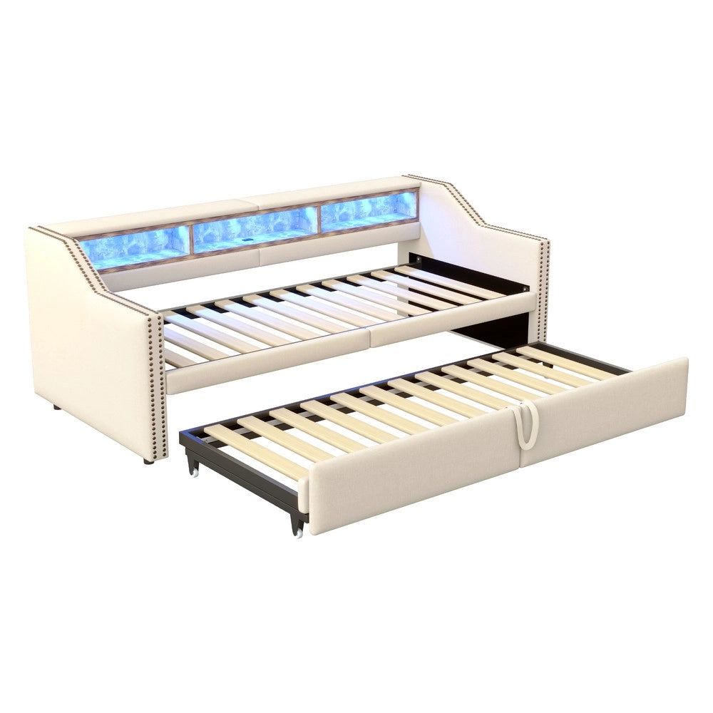 Letto Contenitore Imbottito Estraibile con LED e Rete a Doghe ¨C MINIMAL ¨C Beige 90x200/180x200