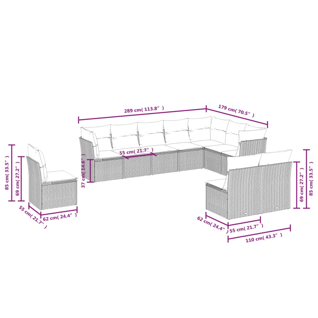 Set Divano Giardino 10 pz con Cuscini Grigio Chiaro Polyrattan
