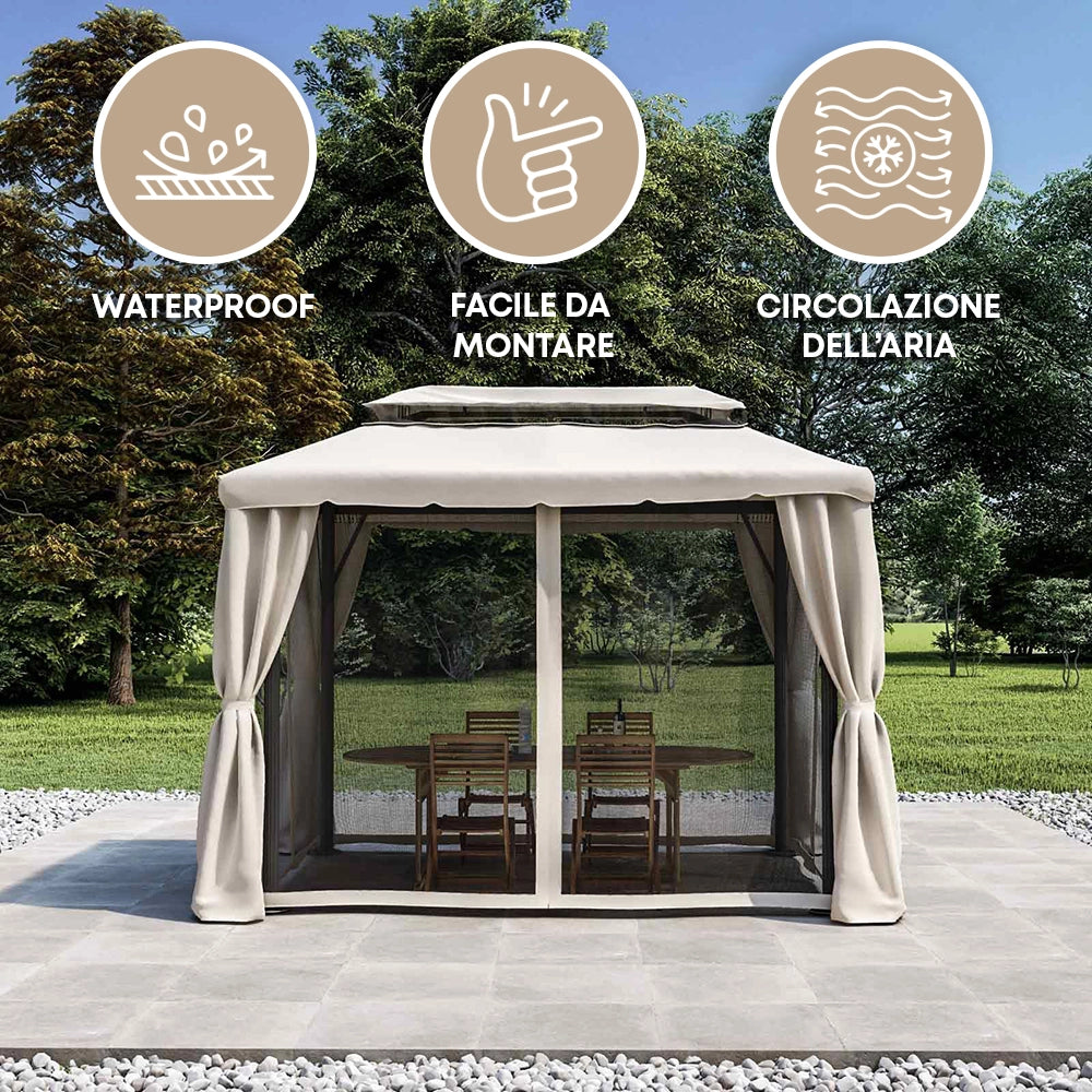 Gazebo Da Giardino Con Zanzariera 3x4 Mt Struttura In Alluminio E Acciaio Con Pareti Laterali E Zanzariere Con Camino Antivento E Copertura Impermeabile Picchetti Inclusi