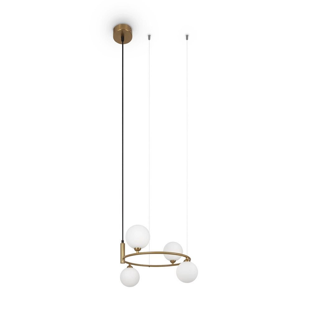 Lampadario Contemporaneo Ring Metallo Ottone 4 Luci E Diffusori Bianchi