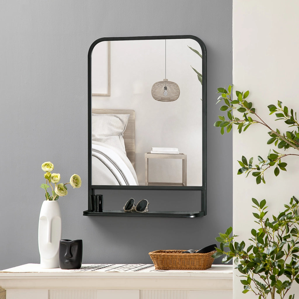 Specchio da parete con mensola 70x50cm, moderno, elegante, rettangolare, nero, per soggiorno e corridoio.