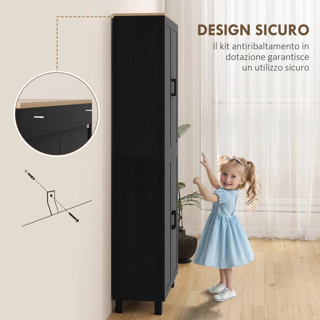 Mobile Dispensa da Cucina con 5 Ripiani Regolabili e 4 Ante ¨C Zephmum ¨C Nero, Legno, 60x30x170.5 cm