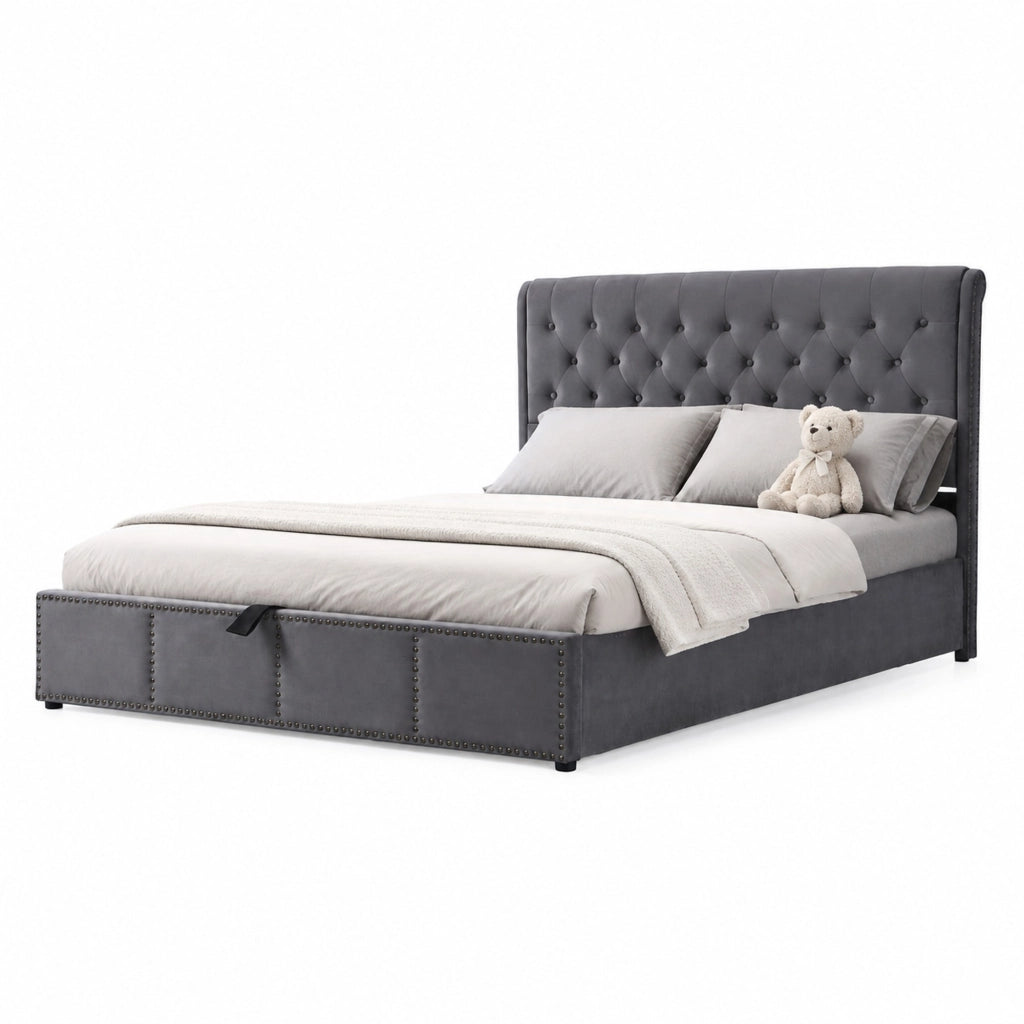 Letto matrimoniale imbottito 160x200 cm con contenitore, testiera morbida e rivestimento in velluto grigio