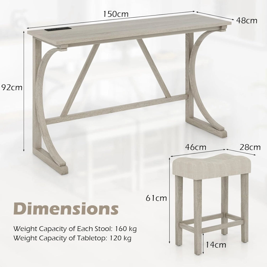 Set da Tavolo da Bar da 4 Pezzi con Presa di Corrente, Set da Tavolo da Pranzo Alto con 3 Sgabelli Imbottiti, Set da Tavolo da Bistro in Legno per Cucina, Sala da Pranzo, Soggiorno