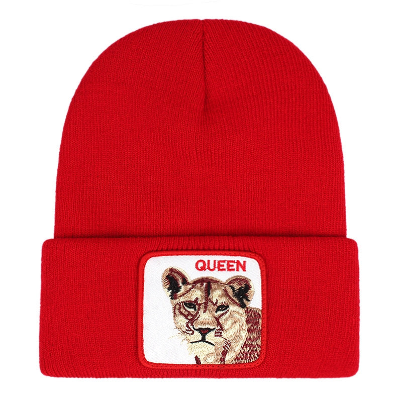 Berretto ricamato QUEEN, in maglia con risvolto, rosso