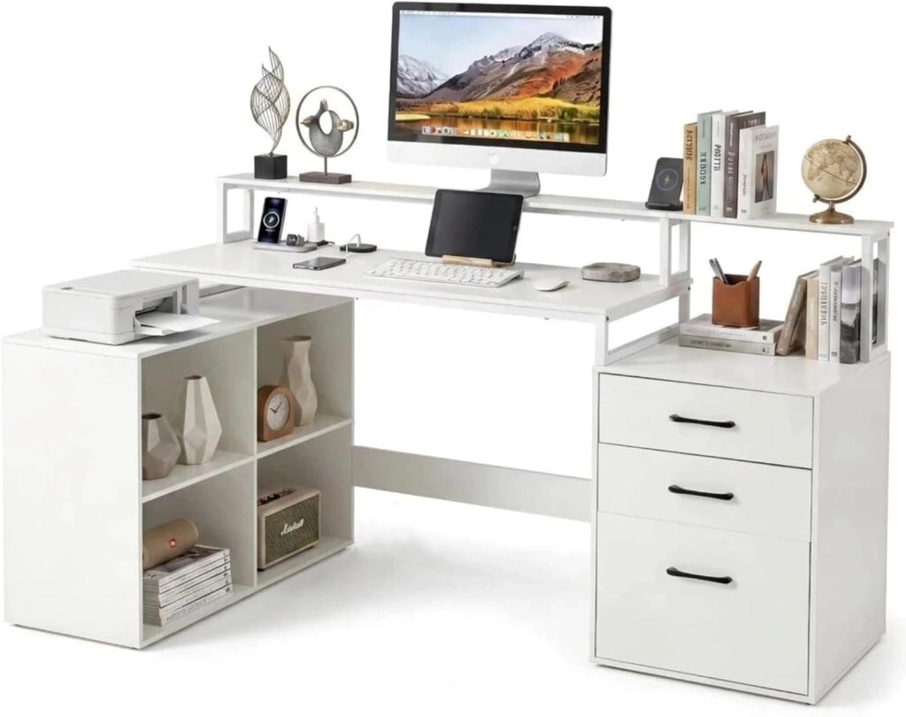 Scrivania Angolare a L con Stazione di Ricarica, 166 x 90 cm, Scrivania Gaming con Cassetti per Cartelle, Tavolo per Computer e Stampante, per Studio, Ufficio, Camera da Letto, Bianco