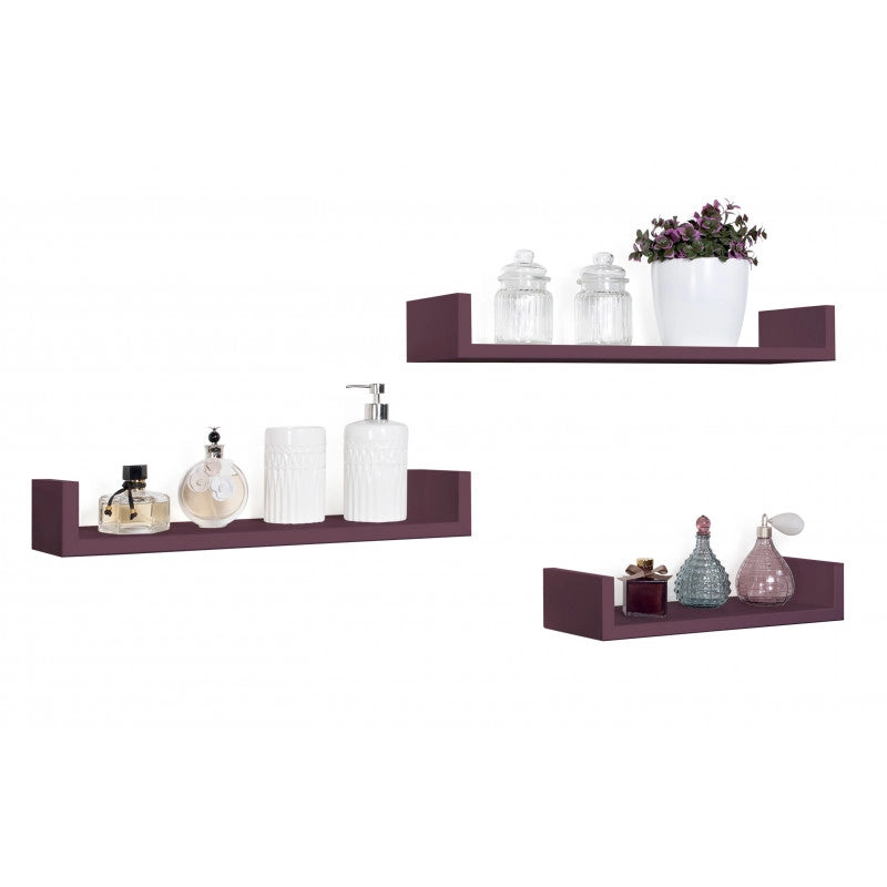 Set di 3 Mensole da Muro, Mensole Muro Design, Mensola da Parete, Viola Melanzana, 60x8 p15,5 cm, 50x8 p15,5 cm e 40x8 p15,5 cm - Calamita