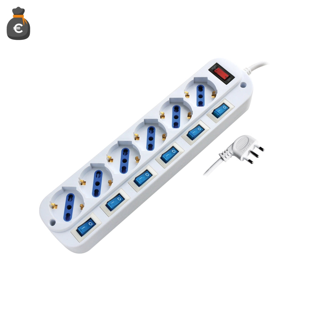 Alcapower Multipresa 6 Prese Schuko Bipasso con Interruttori Indipendenti, Cavo 1.5 metri, 3500W di Potenza Massima, Spina 16A Italia 90 gradi