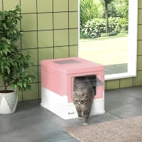 Lettiera per Gatti Chiusa in PP a 2 Porte con Paletta e Vassoio Estraibile, 47.5x35.5x36.7 cm, Rosa e Bianco