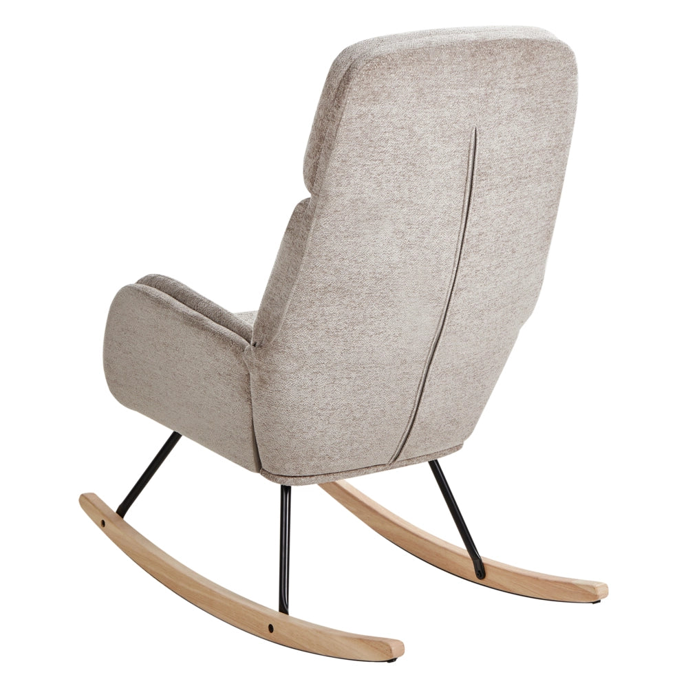Sedia a dondolo in tessuto tortora gambe in legno e metallo pattini design moderno soggiorno