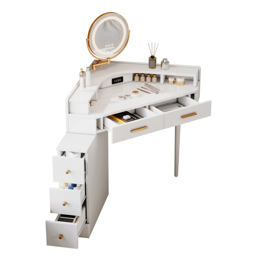 Scrivania Angolare Toeletta con Specchio LED e 5 Cassetti ¨C MINIMAL ¨C Bianco 105.5x75x120 cm