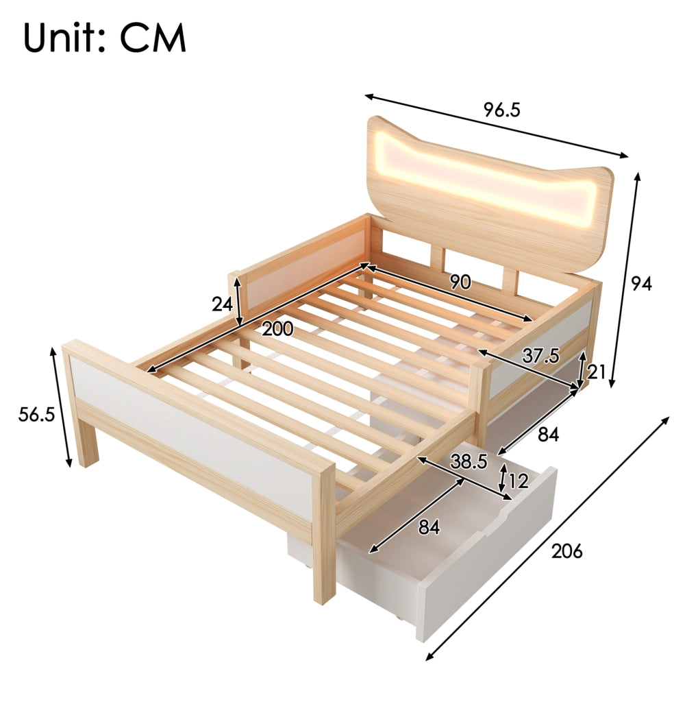 Letto per bambini 90x200 cm con LED; cassetto e vano contenitore; legno bianco e rovere