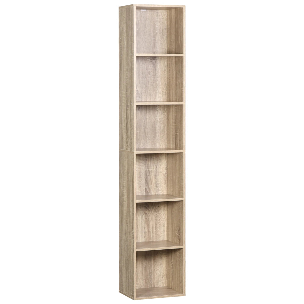 Libreria alta a cubi in truciolare e MDF effetto rovere, 6 scomparti, con dispositivo anti-ribaltamento