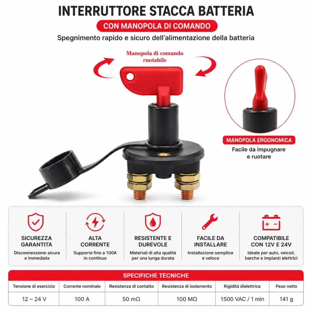 Staccabatteria Auto 12V 24V 100A 500A Con Chiave Estraibile Interruttore