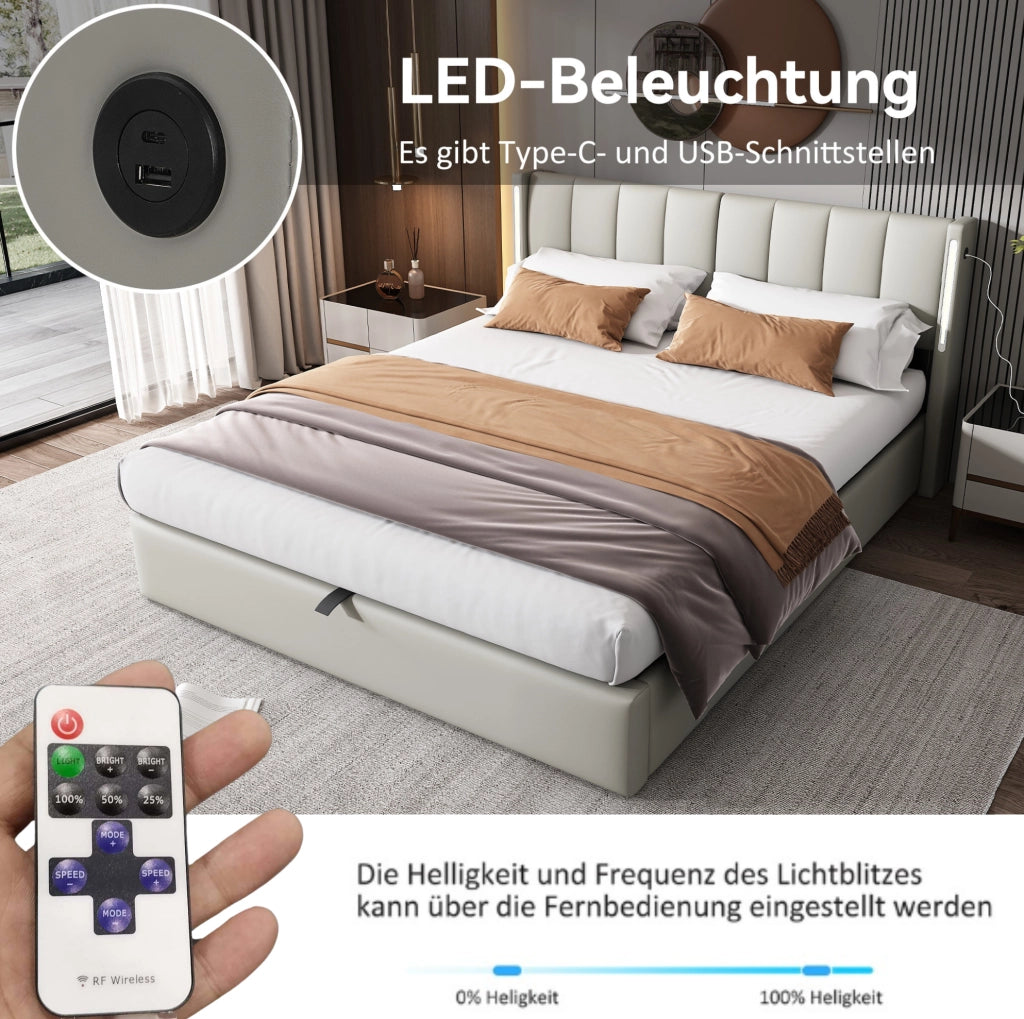 Letto matrimoniale 180x200 cm in PU grigio con LED e USB