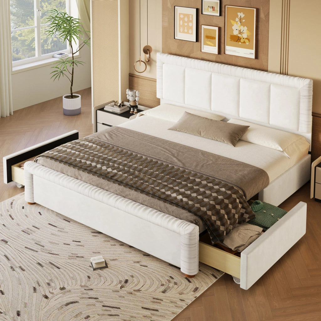 Letto imbottito 180x200 in velluto francese beige con 2 cassetti
