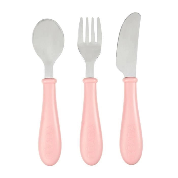 BEABA Set di 3 vecchie posate in acciaio rosa