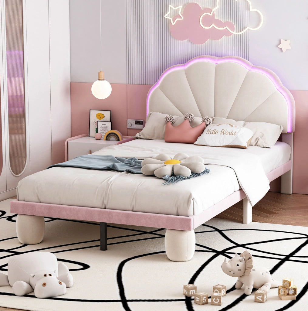 Letto singolo imbottito 90x200 cm in velluto beige e rosa con LED multicolore