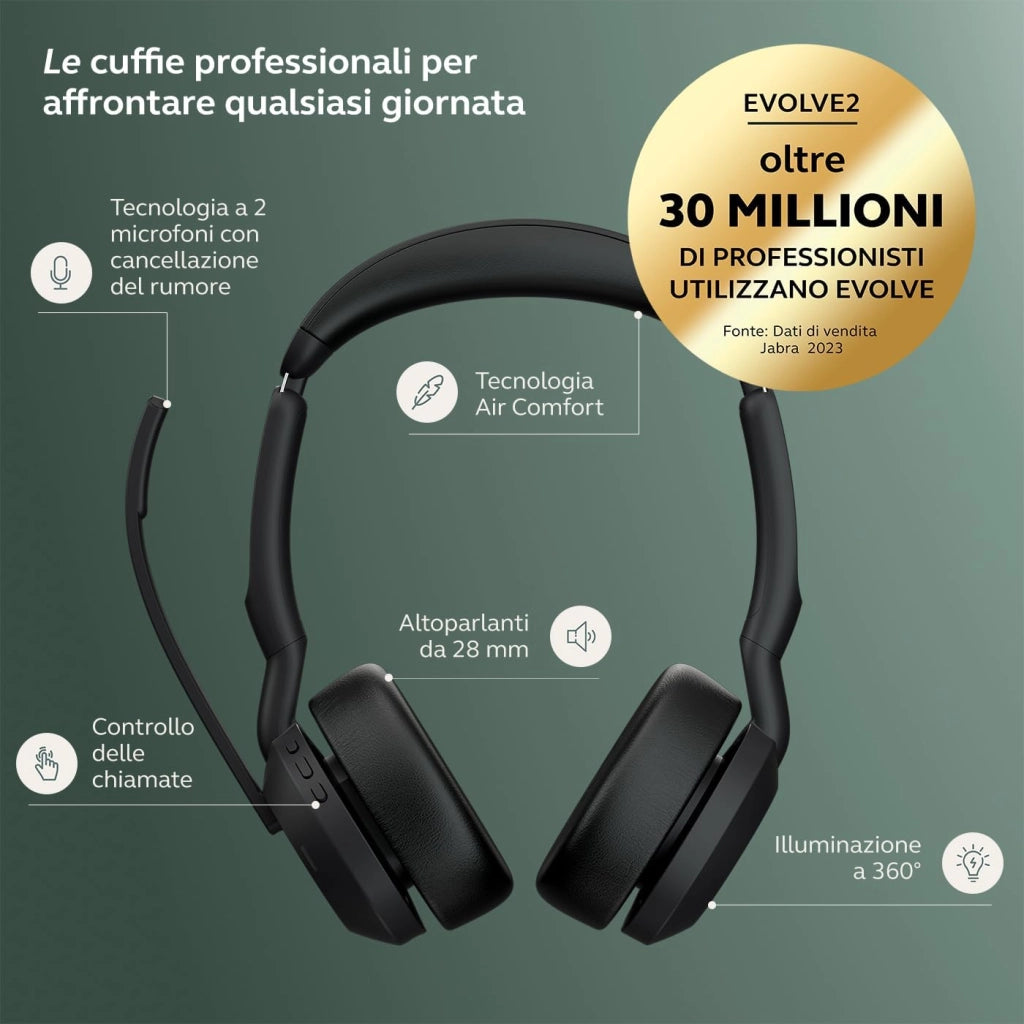 Jabra Evolve2 55 Cuffie Wireless Stereo con base di ricarica, USB-A dongle, Tutte le piattaforme, Stereo, Supporto incluso
