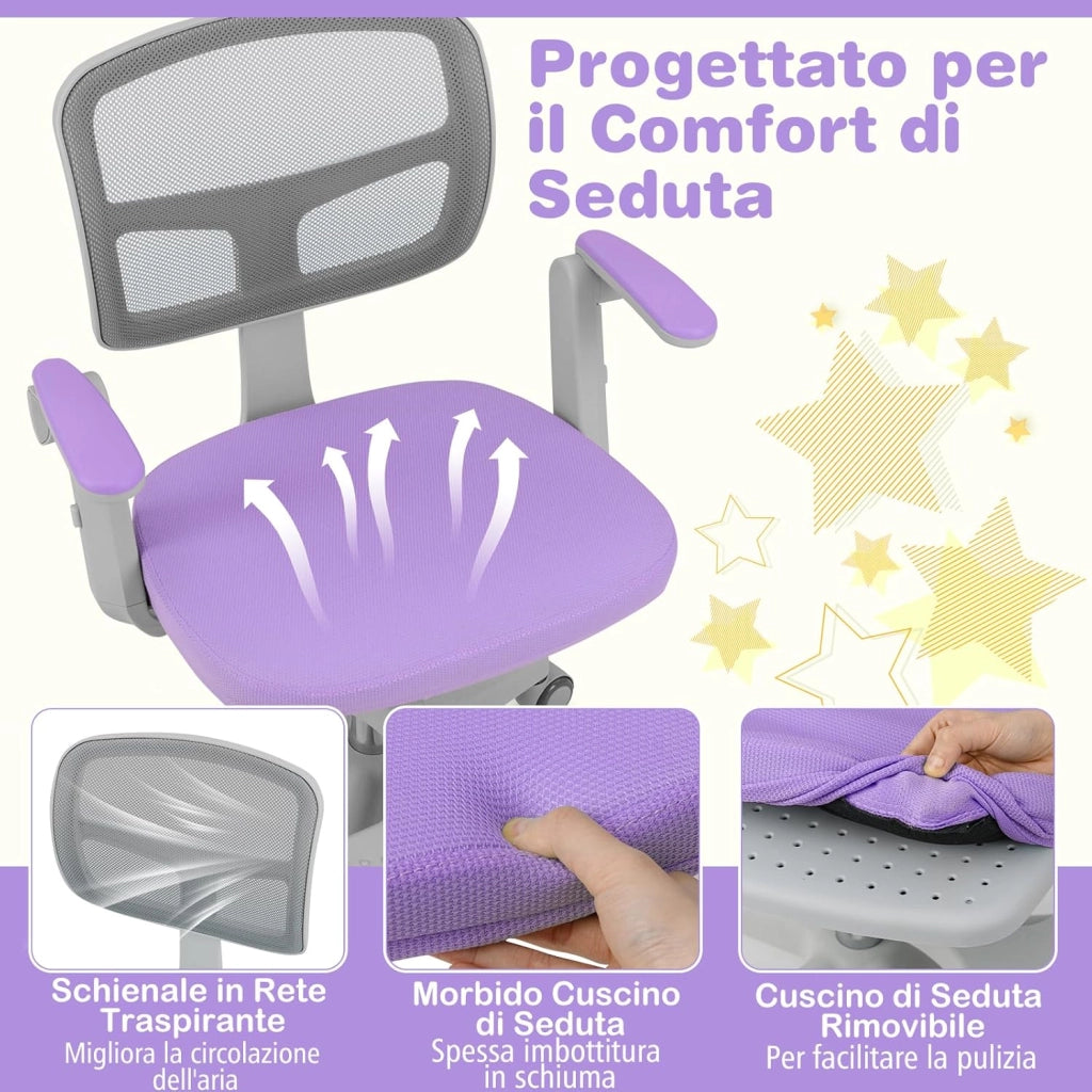 Sedia da Scrivania Bambini Girevole, Altezza Regolabile, Sedia da Studio per Ragazzi con Braccioli a Ribalta e Poggiapiedi, Poltrocina in Rete per Bambini 3-15 Anni, Portata 150 kg (Viola)