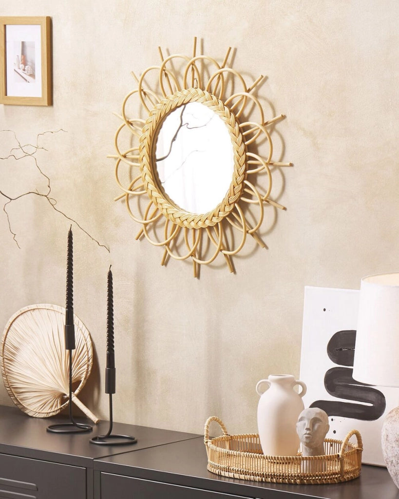 Specchio da parete Cornice in rattan naturale ø 60 cm Sunbrust Decorazione sospesa per soggiorno
