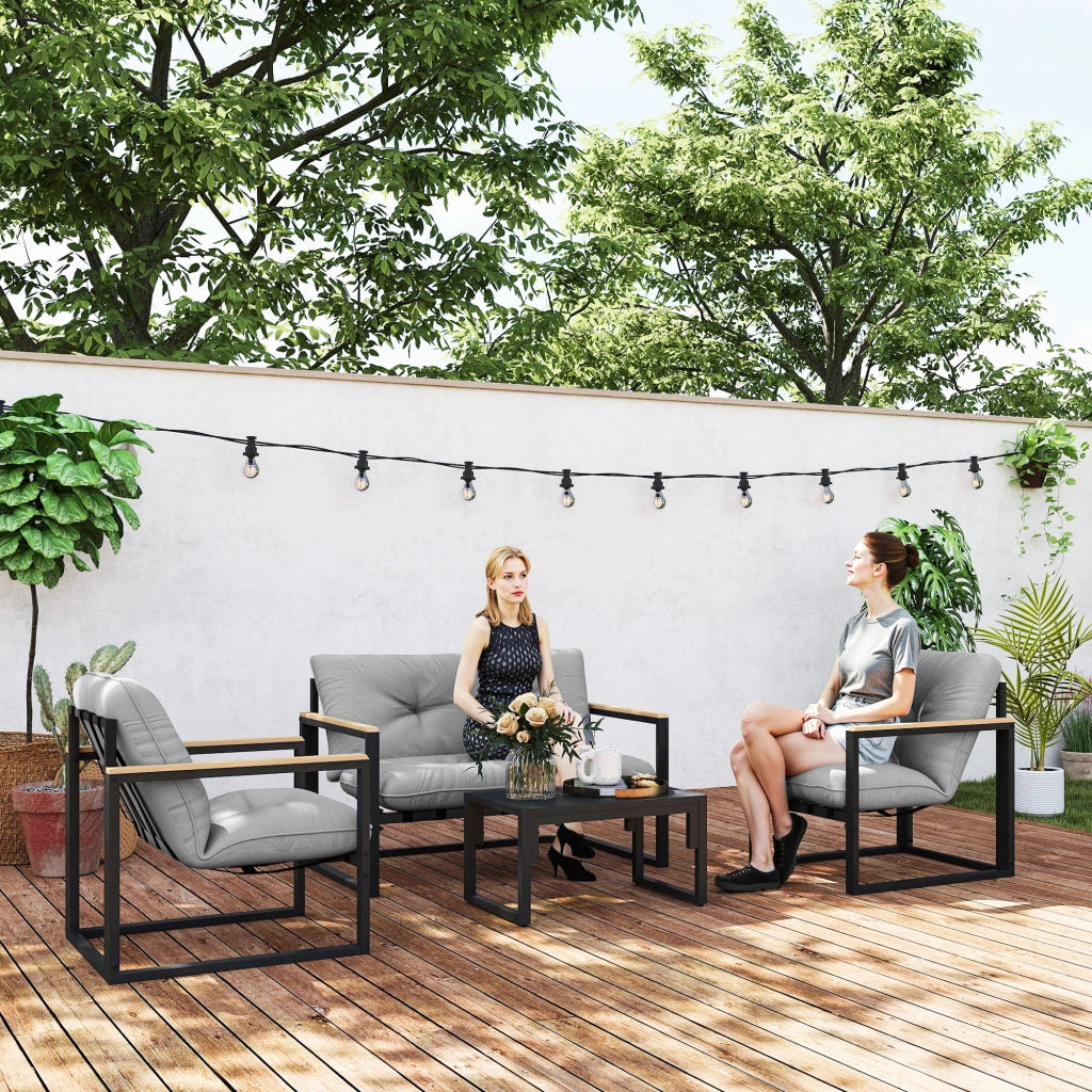Set di mobili da giardino a 4 posti; divano a 2 posti e 2 poltrone; cuscini grigio chiaro; mobili da balcone