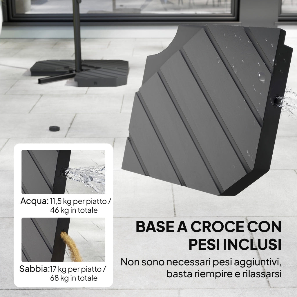 Ombrellone a Sbalzo 302x295x242 cm con Base a Croce in Metallo e Poliestere Grigio Scuro