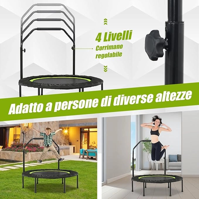 Mini Trampolino Pieghevole 101cm, Trampolino Fitness per Adulti e Bambini,con Maniglia Altezza Regolabile, Capacità di Carico 150 kg