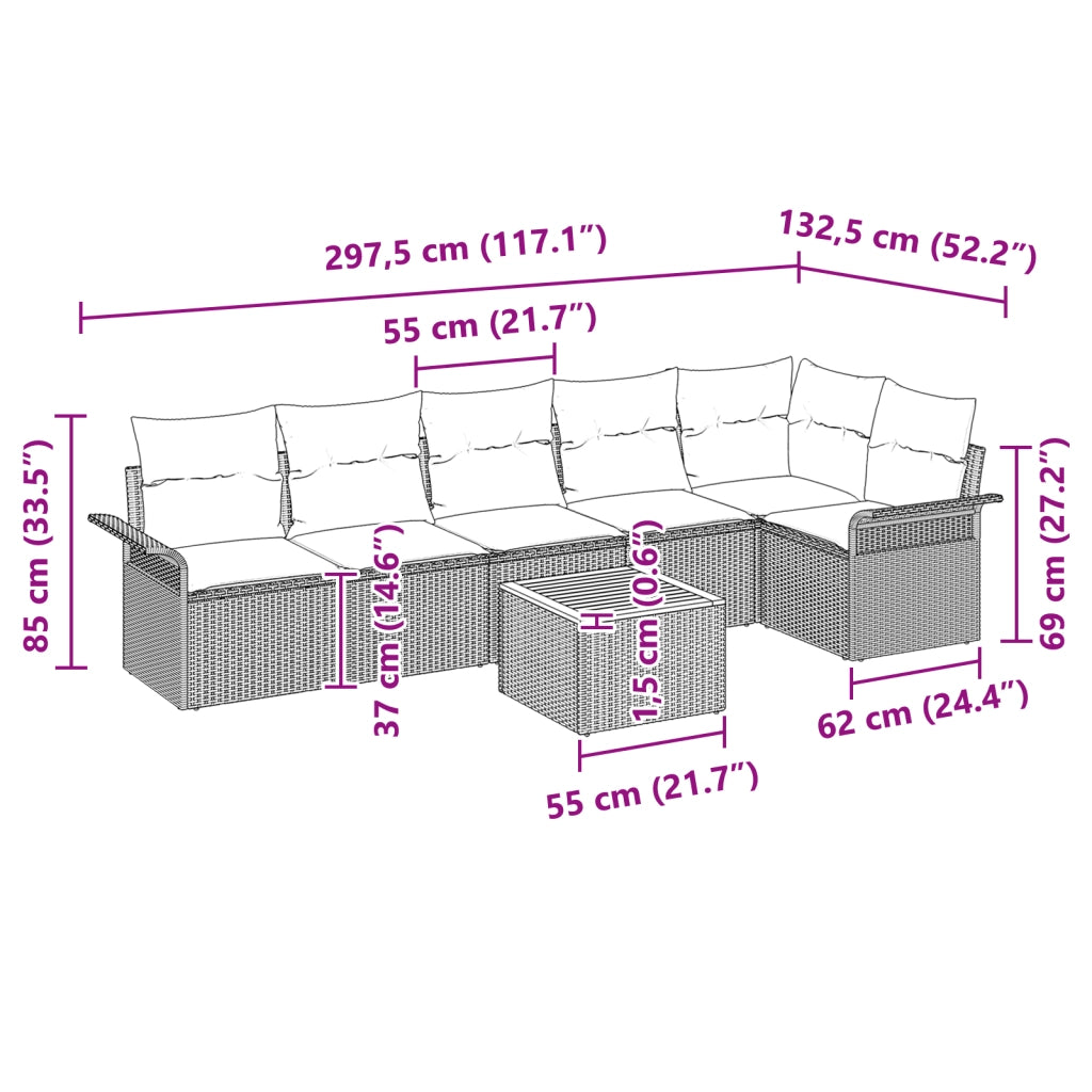Set divano da giardino di 7 pezzi con cuscini beige polyrattan acacia