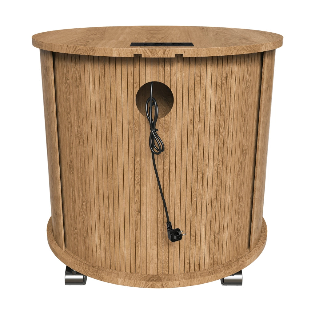 Comodino con presa di ricarica, ante scorrevoli, rotelle, 60x60x60 cm, color legno naturale