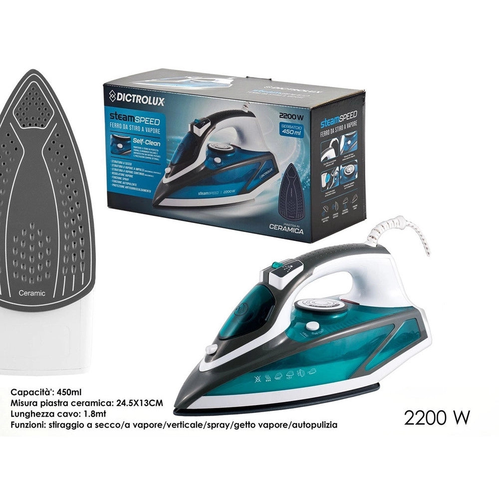 Trade Shop - Ferro Da Stiro A Vapore Con Piastra In Ceramica 2200w Serbatoio 450ml Manico Antiscivolo -