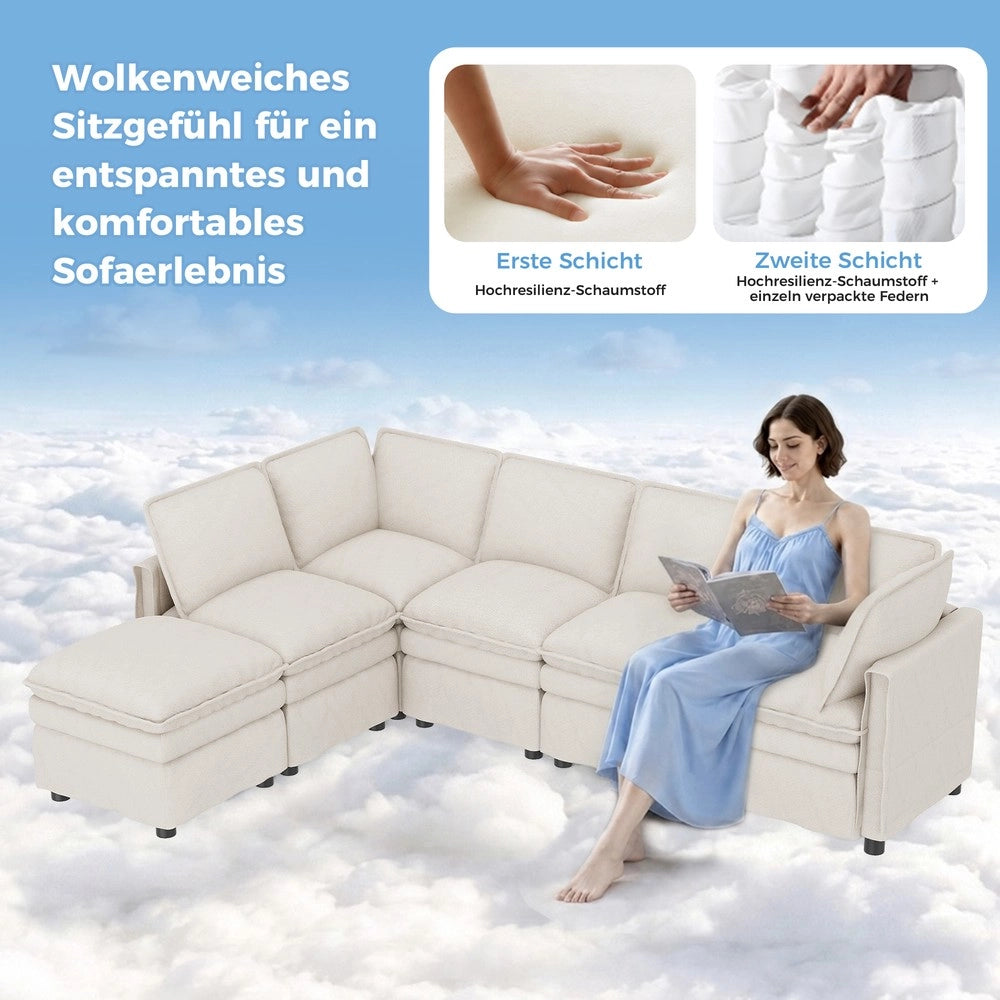 Divano letto angolare modulare ¨C Minimal ¨C beige in tessuto chenille con cuscini, cassetti e sgabello mobile